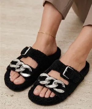 Marc Fisher LTD Fresno‎ Black Leather Faux Fur Chain Slide Sandals Size 6 thumbnail 1