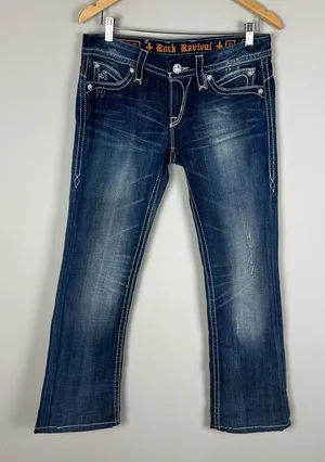Y2K Rock Revival Sasha‎ Boot Jeans Womens 31 Dark Wash Denim Flap Rhinestones thumbnail 1