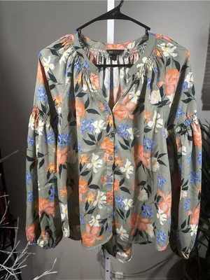 S62. Frye- Floral Button-Front Peasant Blouse - Olive with Orange & Blue Flowers thumbnail 1