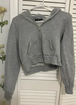 Gray Cropped Hoodie Jacket Sweater Top thumbnail 1