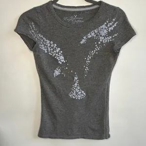 American Eagle Silver Gray Fitted Cap Sleeve Graphic Tee thumbnail 1