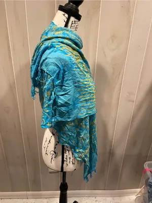 Source Unknown Cute Y2K aqua celestial batik 90s fringe oversized scarf wrap shawl festival thumbnail 9