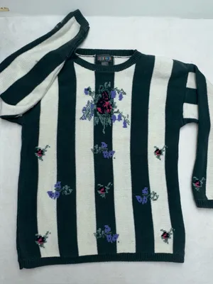 Vintage 90s Paris Sport Club Floral Striped Knit Sweater L Cottagecore Grandma thumbnail 5