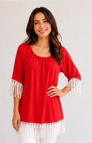 R. Rouge Vintage Red Boho Crochet Fringe Tunic Top Large Flapper thumbnail 1