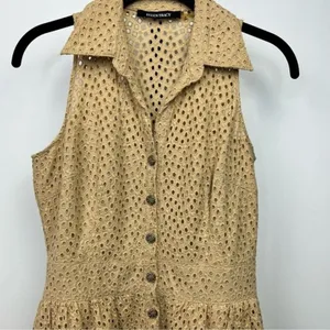 Ellen Tracy Eyelet Dress Womens 2P Tan Cotton Tiered Fit Flare Midi Shirt Dress thumbnail 3