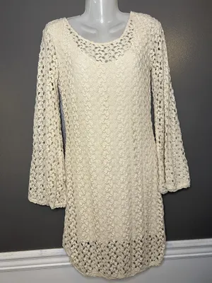Free People Sweater Dress Womens Medium White Crochet Bell Sleeve Boho Mini thumbnail 2