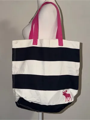 2000s vintage style abercrombie & fitch striped tote bag with pink moose & strap thumbnail 1