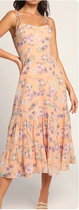 Lulus Started With a Kiss Orange Floral Print Tie-Strap Tiered Dress thumbnail 1