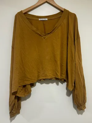 We The Free Cropped V-Neck Long Sleeve Top Mustard Brown Size Small thumbnail 2