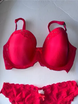 Victoria’s Secret Neon Coral Lace Push Up Bra 34DDD & Medium Panty NEW thumbnail 3