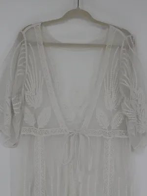 Cupshe Ivory Floral Lace Boho Kimono Maxi Swim Cover Up Long Sheer Mesh Medium thumbnail 2