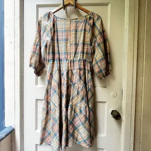 Anthropologie Drew Babydoll Dress S Plaid Prairie Cottagecore Cotton Boho Barn thumbnail 2