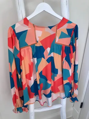 Vici Teal, Orange & Cream Abstract Balloon-Sleeve Blouse thumbnail 3