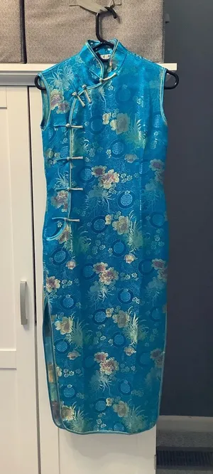 Yuexuan Qipao Dress Shanghai Style Blue Gold Floral Satin Mandarin Collar Y2K thumbnail 1