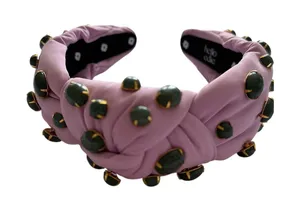 Hello Edie Pink Knotted Headband Green Gemstone Embellished Statement Headband thumbnail 1