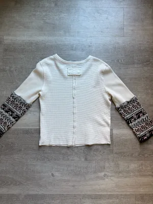 Free People We The Free Waffle Knit Body Mixed Media Print Knit Cuffs Top Size L thumbnail 7