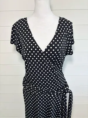 AB‎ Studio Black and White Polka Dot Wrap Midi Dress Size L thumbnail 3