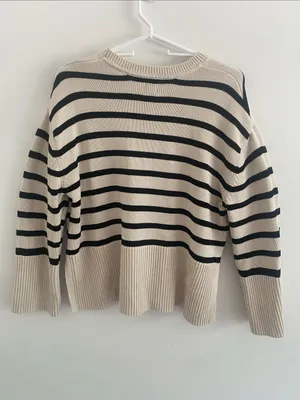 GAP Crew Neck Cotton Nautical Split Hem Striped Sweater Pullover Black Cream M thumbnail 5