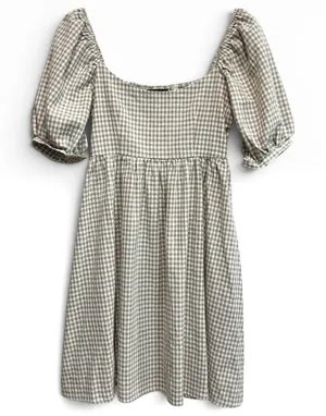 Pomander Place Tuckernuck Gingham‎ Abigail Dress Tan White Puff Sleeve Mini XS thumbnail 1