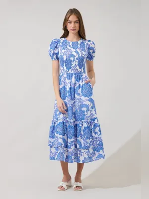 Blue White Floral Puff Sleeve Smocked Midi Dress Pockets Cotton Cottagecore NEW thumbnail 2