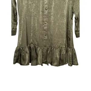 Zara Womens Dress Shirt Mini Collared Long Sleeve Satin Ruffled Hem Green XS NWT thumbnail 4