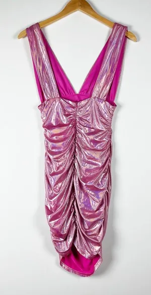 Superdown Kerrie Deep V Neck Pink Holographic Shine Cocktail Mini Dress Small thumbnail 1