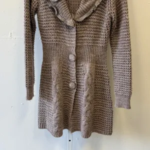 Sioni Taupe Ruffle Long Cardigan Sweater Mauve Knit Medium 90s Knee Length‎ thumbnail 5
