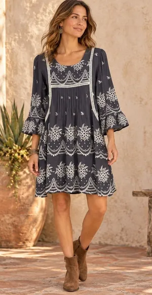 Sundance Embroidered Mini Dress Women Medium Gray Boho Eyelet Bell Sleeve thumbnail 1