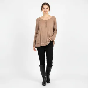 POL Tan Long Sleeve Casual Distressed Tee T Shirt L thumbnail 9