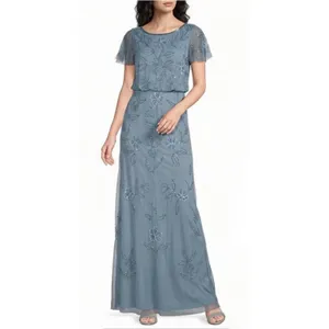 Adrianna Papell Boat Neck Short Flutter Sleeve Beaded Blouson Long Dress Size‎ 4 thumbnail 2