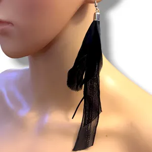 Long black feather, ribbon and chains dangle earrings thumbnail 2