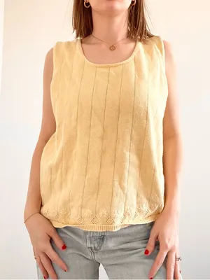 Vintage Butter Yellow Embroidered Flower Sleeveless Knit Top thumbnail 4