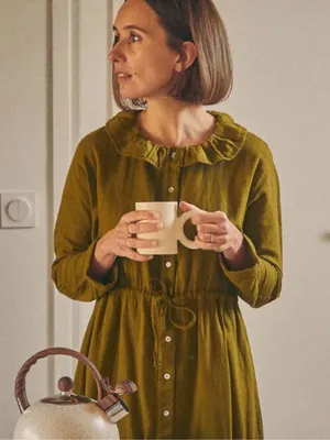 Ruffle-Collar Long Sleeve Button Poudre organic Camarine madame dress thumbnail 2