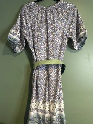 LOFT Linen Blend Floral Midi Dress Women L Blue Cottagecore Belted Pockets thumbnail 1