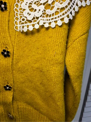 RARE Anthropologie Maeve Mustard Yellow Lace Collar Cardigan Sweater Size M thumbnail 7