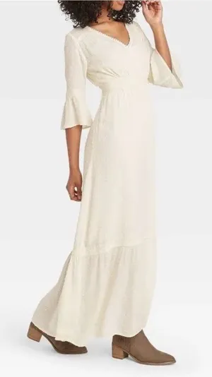 Knox Rose Women's Dress • Cream Swiss Dot Peasant Western Boho Flowy Small thumbnail 1