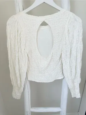 Free People Jasmine Tea Time Cream Textured Puff-Sleeve Knit Top Keyhole Back thumbnail 3