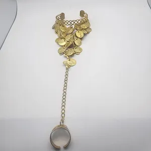 Belly Dancer Gold Tone Coin Cuff Bracelet & Attached Ring thumbnail 2