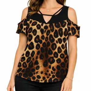 Leopard Print Cold Shoulder Top V-Neck Sz M Mobwife Y2K Safari Chic Glam Keyhole thumbnail 1