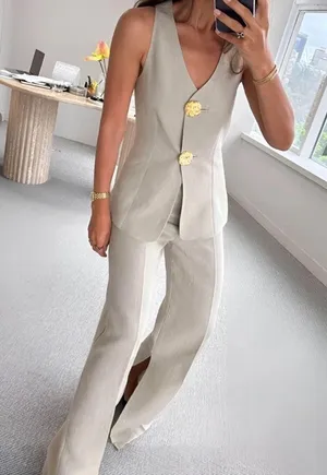 Commense Button Split Sleeveless Pants Set size Medium Gray thumbnail 1