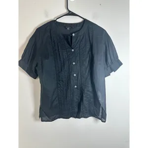 Banana‎ Republic Black Pleated Voile Blouse Short Puff Sleeve XXS Pintuck Cotton thumbnail 2