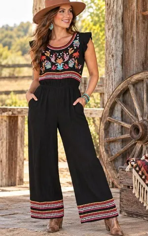 Savanna Jane M Black Embroidered Jumpsuit Boho Western Floral Wide Leg Rayon thumbnail 1