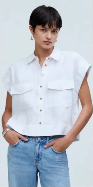 Madewell Womens Flap-Pocket Button Up Linen Shirt S Eyelet White Quiet Luxury thumbnail 1