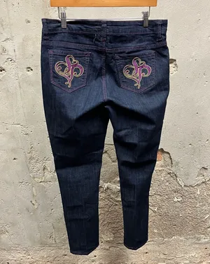 Vintage Y2K Low Rise Embellished Embroidered Purple Stitch Jeans 16 thumbnail 1