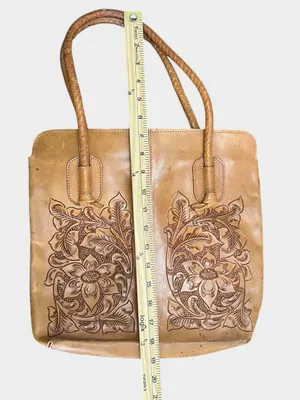 Vintage Mexican Hand Tooled Leather Tote Floral Carved Western Boho Shoulder Bag thumbnail 7