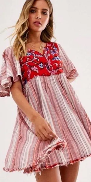 Free People Under The Sun Tunic Dress Floral Striped Red Rome thumbnail 1