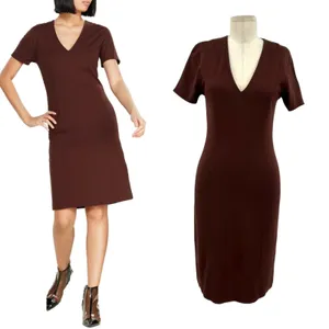 Ottod'Ame Cocoa Sheath Dress Pencil V-Neck Short Sleeve‎ Brown Size US 4 thumbnail 2