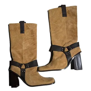 Vtg Y2K Newport News Tan Suede Knee High Square Toe Block Heel Harness Boots 7 thumbnail 1