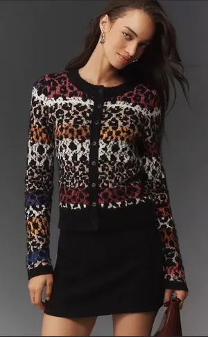 Maeve Anthropologie‎ Leopard Print Cardigan Sweater Multicolor Wool Blend M thumbnail 1