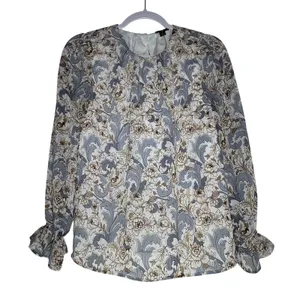 Ann Taylor‎ Factory MP Floral Damask Blouse Blue Tan Ruffle Cuff Long Sleeve thumbnail 1
